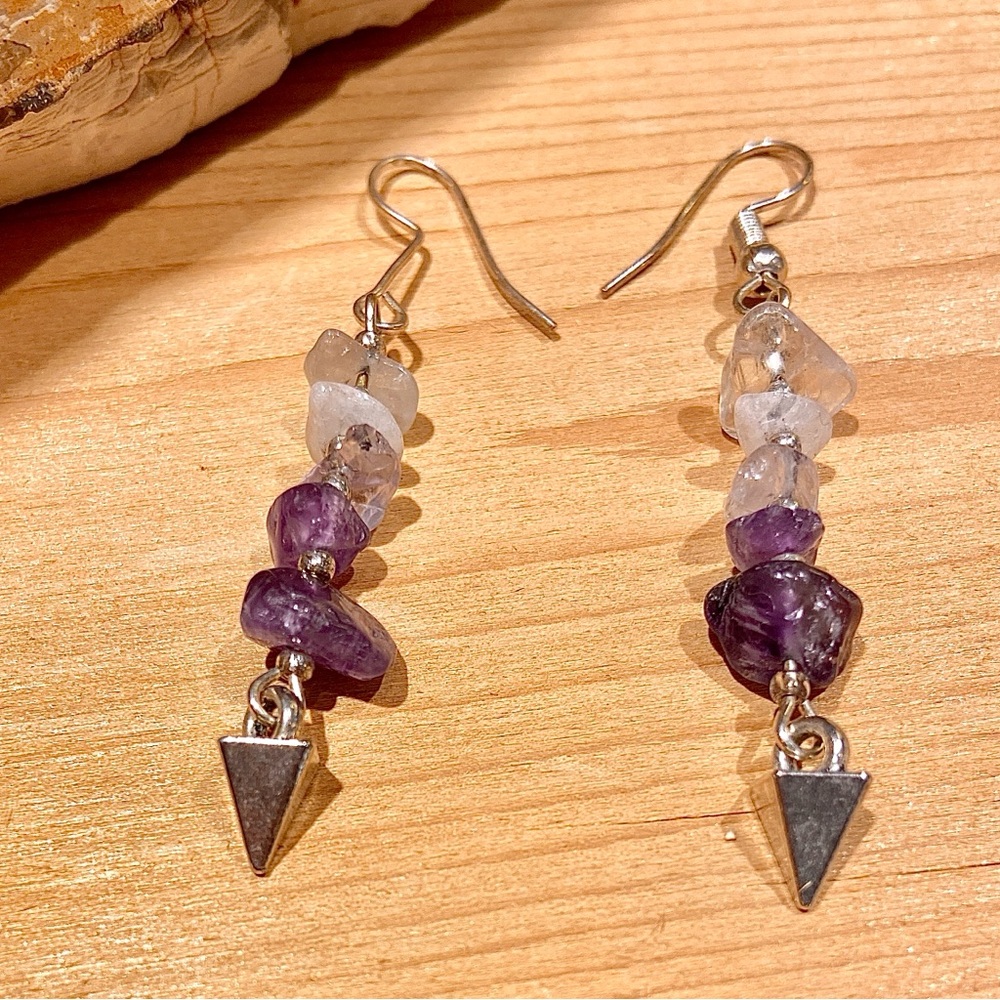 Earrings - Amethyst Stones w/ Clear & Lavender Stones w/ Silver Pyramid Pendant